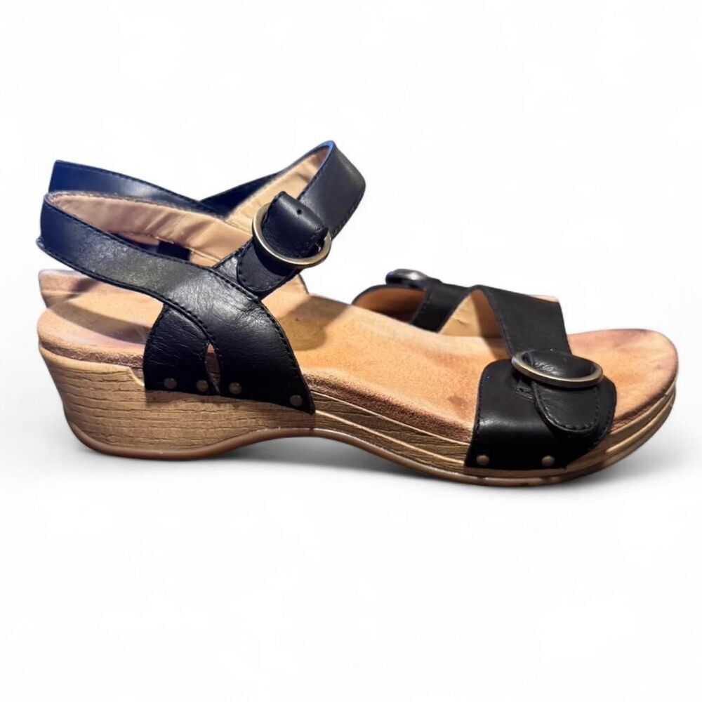 Dansko Black Leather Comfort Sandals EU 39 US 8.5 Buckle Slingback Wedge Shoes - Picture 2 of 7